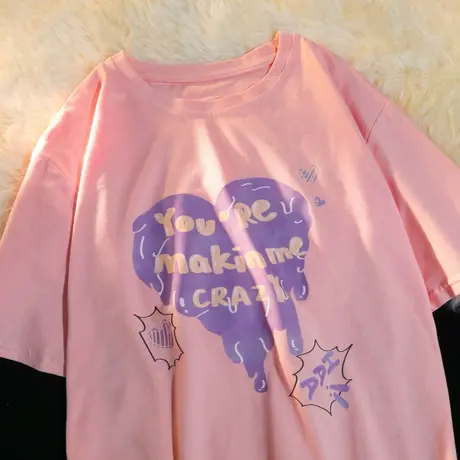 美式复古纯棉正肩短袖t恤女夏季宽松潮牌ins设计感小众半袖上衣服商品大图