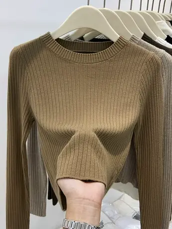 别致小个子圆领套头针织衫女秋冬内搭打底衫短款毛衣黑色长袖上衣商品大图