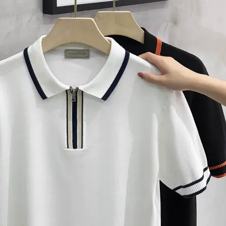 夏季新款撞色韩版翻领针织短袖POLO衫男潮牌休闲度假纯色男士T恤商品大图