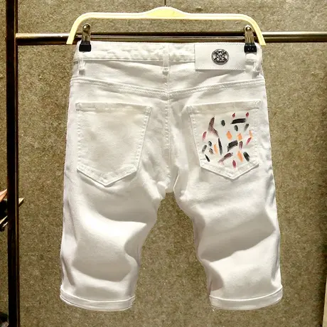 夏季高端白色牛仔短裤男修身百搭中裤个性涂鸦ins潮休闲五分裤子图片