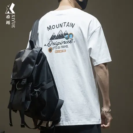 希越夏季280g重磅洗水短袖t恤男日系复古宽松大码印花落肩袖体恤图片