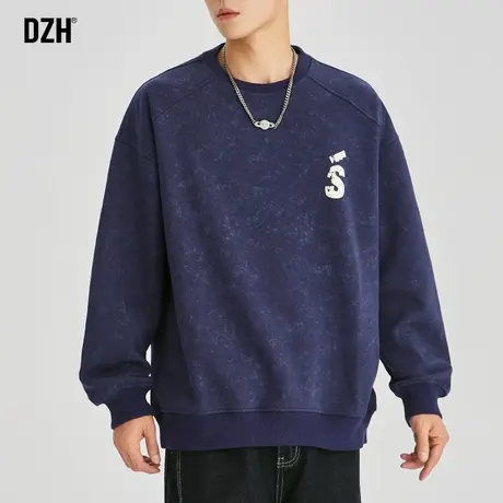 男士藏青色扎染卫衣潮牌男美式重磅圆领打底衫内搭秋装2023年新款图片