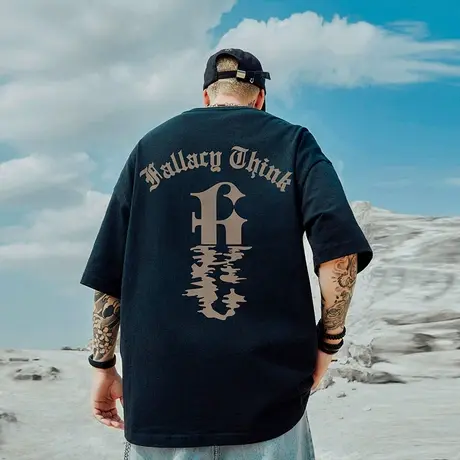 美式重磅潮牌宽松T恤胖子短袖男加肥加大五分袖字母大码男装夏季图片