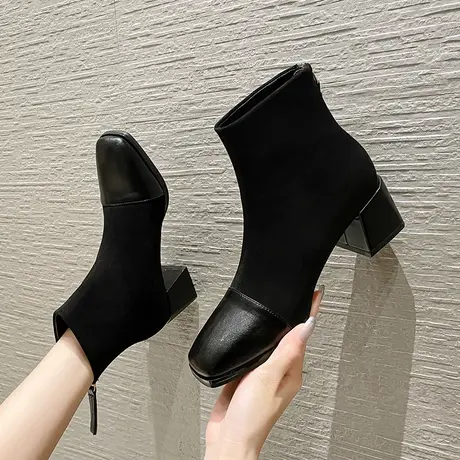 方头拼接短筒靴女粗跟2024年秋冬季新款时尚百搭后拉链高跟瘦瘦靴商品大图