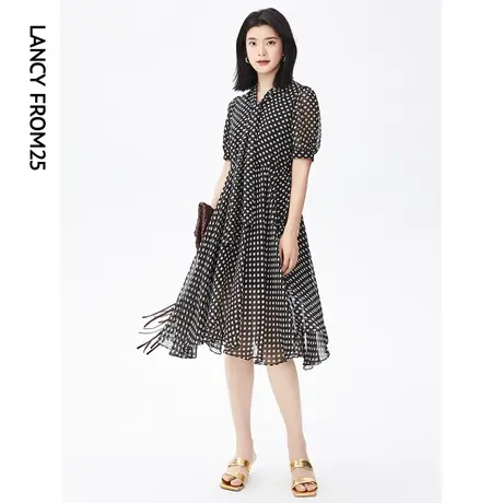 朗姿法式波点黑色高级感气质v领衬衫连衣裙女设计感夏季新款裙子商品大图