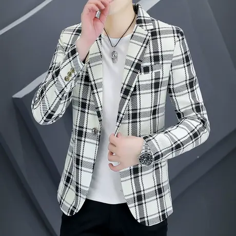 男士休闲格子西服外套春秋款潮流英伦雅痞男装拼色帅气时尚小西装图片