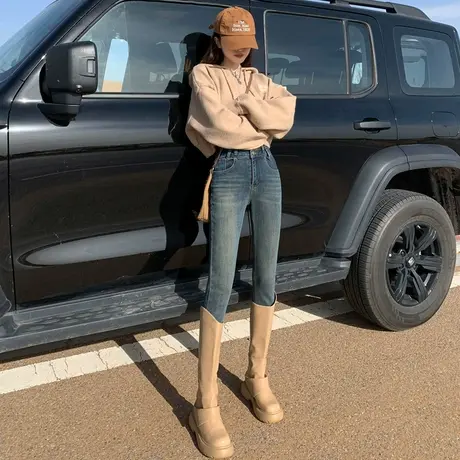 水泥灰高腰牛仔裤女秋冬2023年新款女士显瘦修身铅笔紧身小脚裤子商品大图