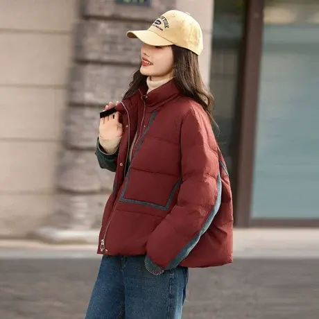 时尚气质羽绒服2023年冬季新款女立领拼接撞色百搭韩版短款外套图片