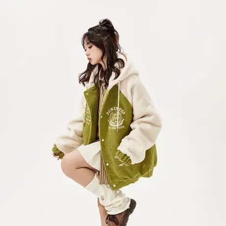 【好物体验专享】复古拼接羊羔毛棉服女夹棉冬季连帽外套2023新款商品大图