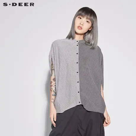 sdeer圣迪奥2019新女夏装立领撞色条纹蝙蝠宽松短袖衬衫S18280421图片