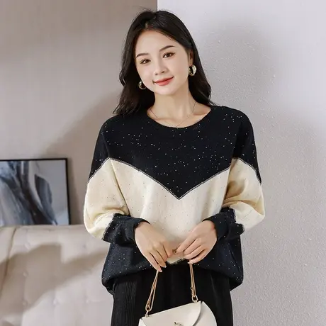 2024春季慵懒风大码撞色毛衣女亮片百搭胖mm宽松显瘦保暖针织上衣图片