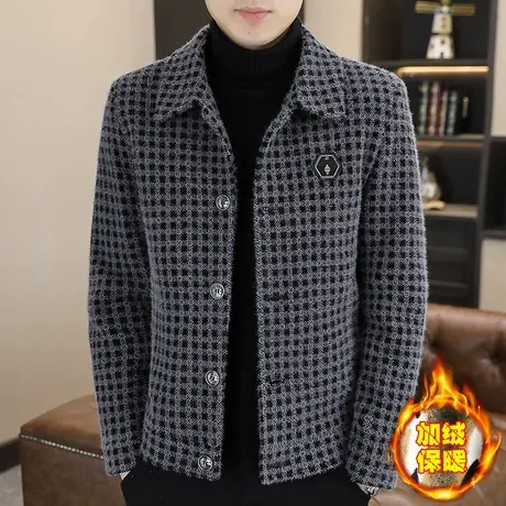 冬季高端金貂绒夹克男士加绒加厚格子冬装休闲毛呢大衣短呢子外套图片