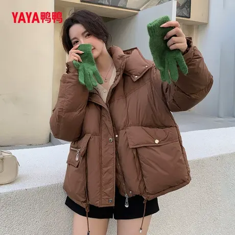 鸭鸭加厚羽绒服女2023冬季新品立领连帽短款保暖茧型面包服J图片