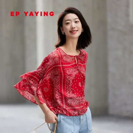EP YAYING雅莹女装 度假风桑蚕丝印花红色衬衫 2023新款2355A图片