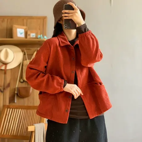 dza 复古宽松灯芯绒加厚加绒衬衫外套女冬季外穿翻领口袋衬衣上衣商品大图