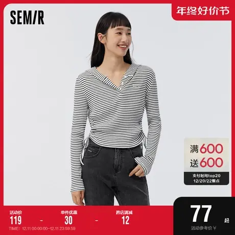 森马长袖T恤女短款修身小心机抽绳2023春新款气质连帽条纹衫百搭图片