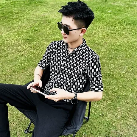 夏季花色衬衫修身中袖七分袖休闲潮牌潮流帅气薄款韩版发型师衬衣商品大图