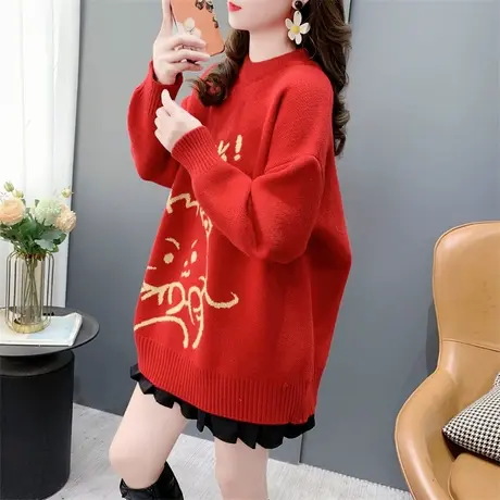 龙年本命年红色圆领毛衣女秋冬2023年新款宽松加厚爆款针织衫上衣商品大图