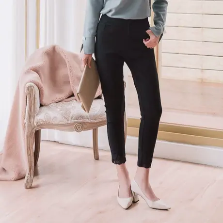 桔熊韩系蕾丝不规则裤脚磨毛加厚小脚裤子女200斤大码BA5231图片