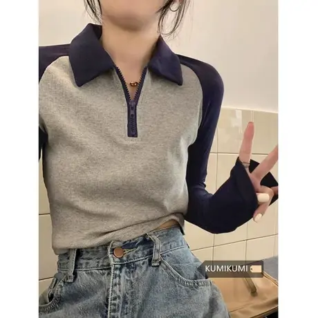 美式polo领长袖t恤2024春季新款正肩修身显瘦撞色短款女辣妹上衣商品大图