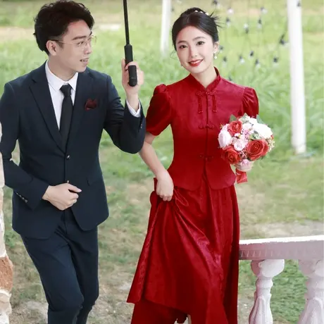 中式旗袍敬酒服2023新款新娘回门订婚礼服红连衣裙出阁秀禾服嫁衣商品大图