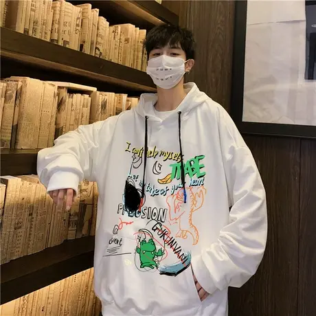 加绒连帽卫衣男春秋季潮牌恐龙印花套头上衣港风宽松休闲大码外套商品大图