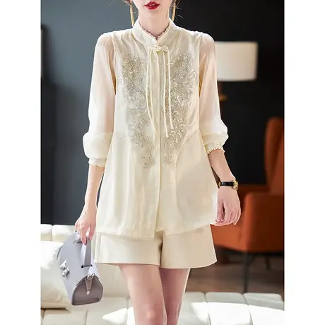宝诗黎新中式亮片钉珠衬衫2024春季气质高级感新款百搭雪纺上衣女图片