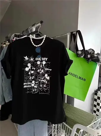 韩国东大门23夏新款减龄宽松百搭米奇卡通印花垫肩短袖T恤上衣女图片