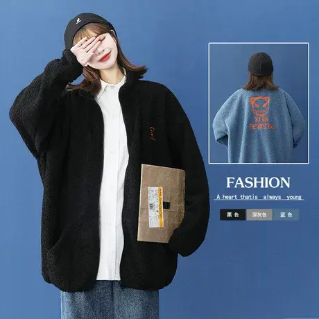 潮牌羊羔毛外套男秋冬季加绒加厚棉服刺绣ins港风宽松情侣款棉衣图片