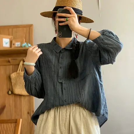 dza 复古拼接扣纯苎麻上衣女春新款长袖宽松衬衫气质翻领棉麻衬衣图片