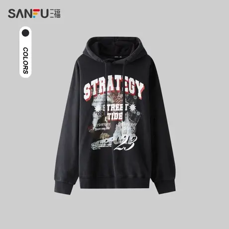 三福2024春季男士胸前洗水人像印花卫衣 潮酷带帽上衣男482211图片