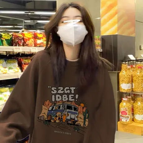 美式复古圆领卫衣女2024春秋薄款小众设计感oversize外套潮牌上衣图片