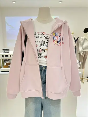 后背字母AB面慵懒休闲韩系遮臀宽松拉链连帽卫衣女帽衫外套开衫商品大图