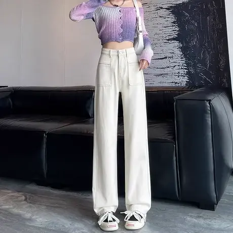 米白色窄版阔腿牛仔裤女宽松2024年新款高腰显瘦垂感直筒拖地裤子图片