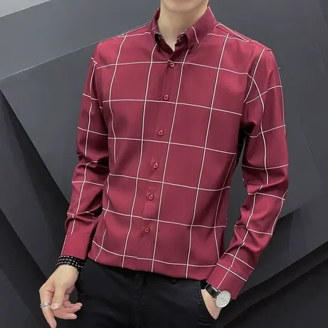 格子长袖男士衬衫2023秋季新款潮牌宽松休闲衬衣外套青少年上衣服商品大图