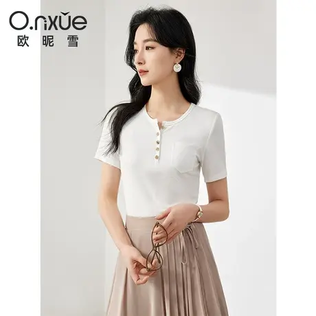 欧昵雪2024夏季新款T恤女短袖圆领简约套头纽扣修身时尚针织上衣商品大图