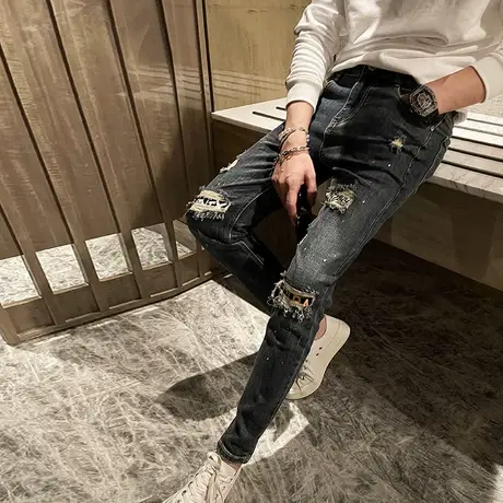 2023春季新款韩版修身小脚裤潮个性破洞牛仔裤男水洗泼漆铅笔裤子商品大图