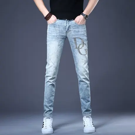 男士高端牛仔裤男款2023新款烫钻轻奢潮牌秋款修身小脚裤子男休闲图片