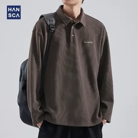 hansca美式重磅卫衣男秋季纯色宽松休闲刺绣华夫格翻领Polo衫长袖商品大图
