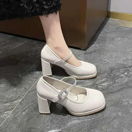 法式玛丽珍女鞋高跟鞋女2024新款春秋浅口气质粗跟单鞋黑色小皮鞋图片