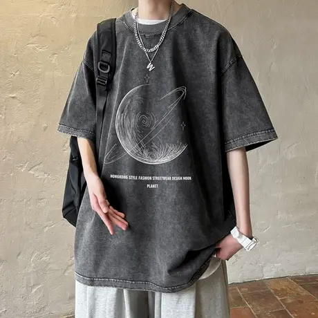水洗短袖t恤男士夏季潮牌宽松纯棉半袖上衣服潮流情侣款美式体恤商品大图