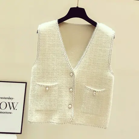 小香风仿水貂毛针织马甲背心女宽松外穿春秋韩版短款上衣开衫外套商品大图