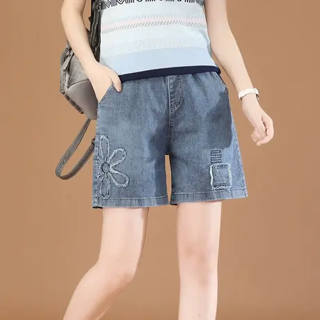 韩潮袭人松紧高腰刺绣五分牛仔裤子女2023夏季新款哈伦阔腿短裤薄商品大图