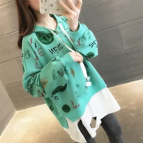 假两件连帽套头衫女2023春季新款拼接百搭慵懒风学生卫衣女上衣潮图片