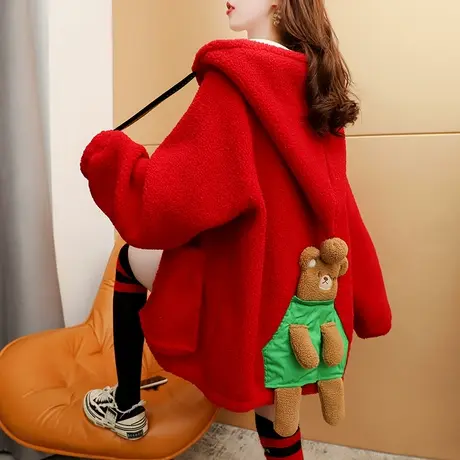 加绒加厚连帽卫衣外套女2023新款秋季宽松慵懒风设计感羊羔毛开衫商品大图