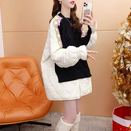 宽松设计感拼接毛衣女中长款2023新款秋季韩系慵懒风加厚针织外套商品大图