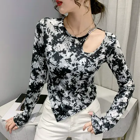 2023春秋新款性感镂空T恤女长袖不规则洋气上衣紧身百搭打底衫潮商品大图