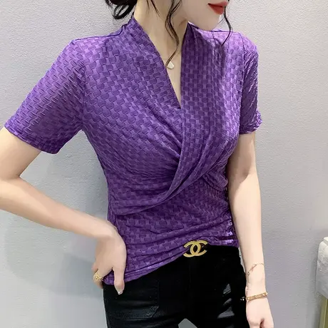 女装2023新款潮性感V领T恤时尚扭结设计感小众上衣显瘦修身小衫夏图片