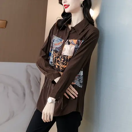 欧洲站女士衬衫2023秋款上衣设计感早春甜美别致印花长袖雪纺衬衣商品大图