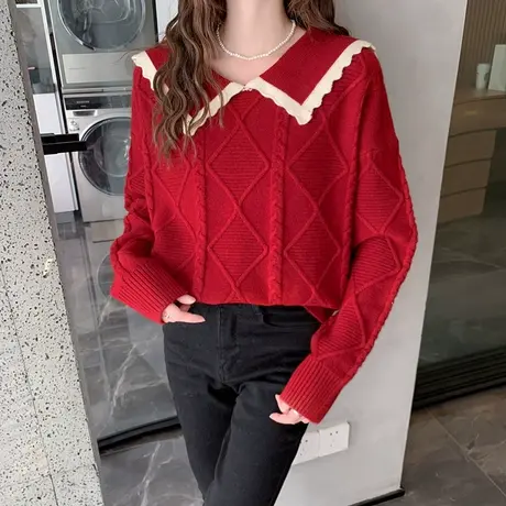 娃娃领套头麻花毛衣女2023年秋装新款慵懒风宽松外穿洋气针织衫女图片